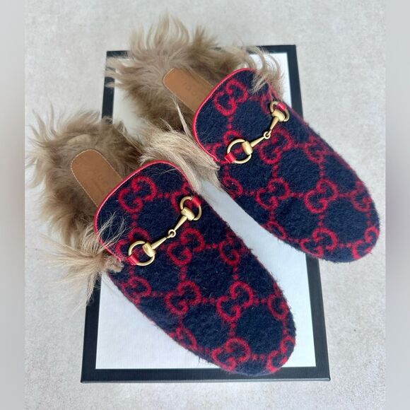 Gucci Princetown Horsebit GG Fur Lined Flat Slippers Mules Navy Wool EU 38 US 8 - Picture 1 of 10